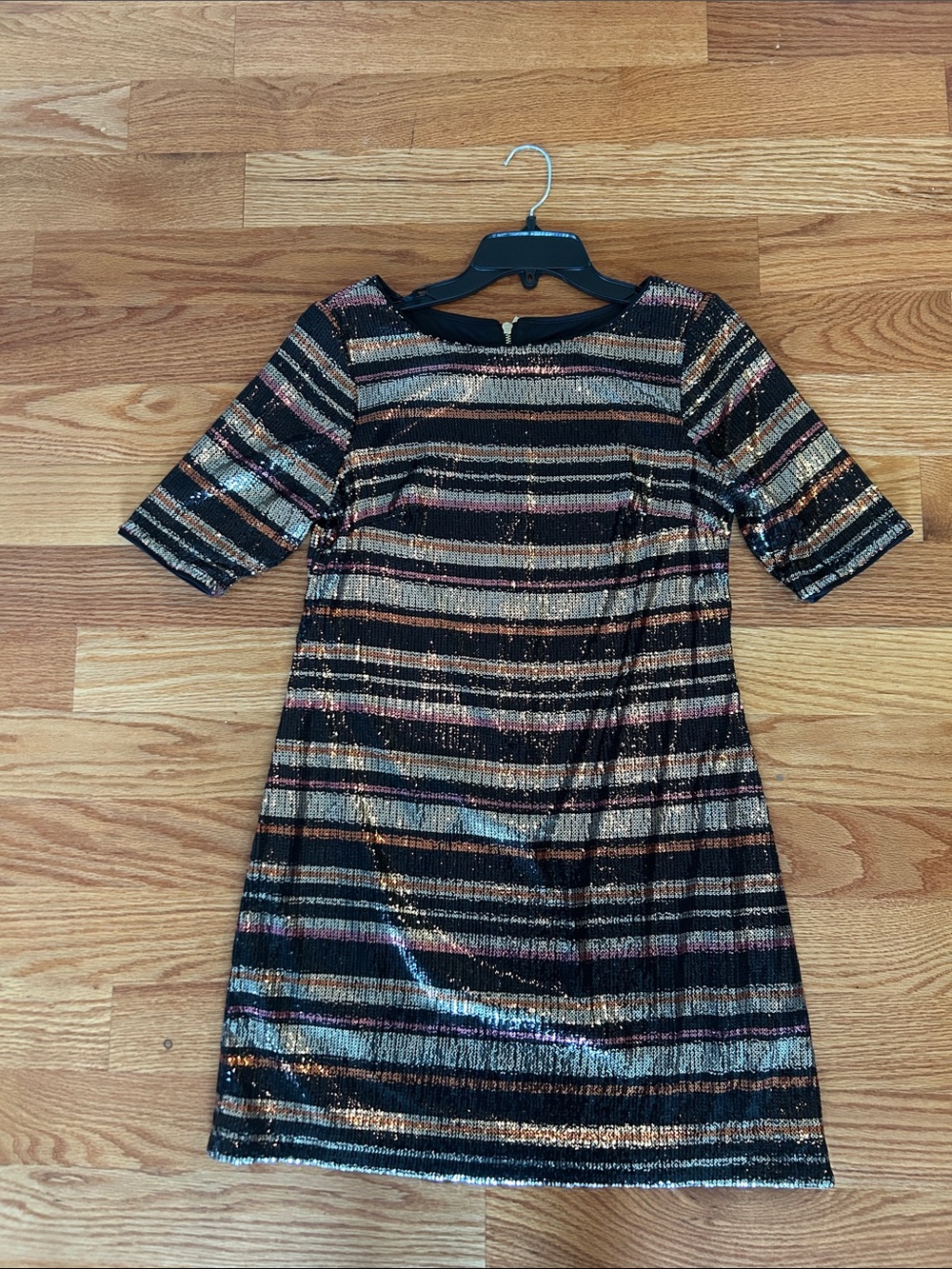 1901 Striped Sequin Shift Dress in Black and Metallic